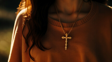 Woman with a gold cross pendant hanging around her neck - obrazy, fototapety, plakaty