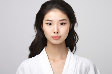 an Asian Japanese girl stands in a casual traditional suit against a crisp white background, embodying contemporary design with a touch of relaxing tone. Generative AI.