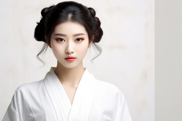 an Asian Japanese girl stands in a casual traditional suit against a crisp white background, embodying contemporary design with a touch of relaxing tone. Generative AI.