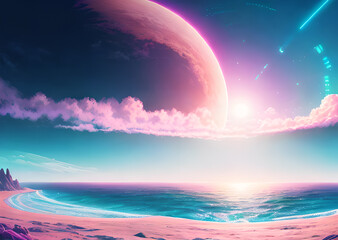 Bright fabulous beach illustration, planets on a pink background, Generative AI