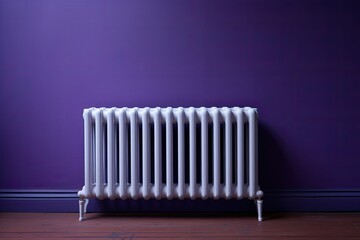 Purple radiator and blue wall with outlet in the Netherlands - obrazy, fototapety, plakaty