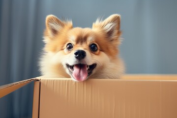 Purebred dog exploring a gift filled box enthusiastic shopping during big sales Exudes joy and excitement emphasizing care animal life health breed awar - obrazy, fototapety, plakaty