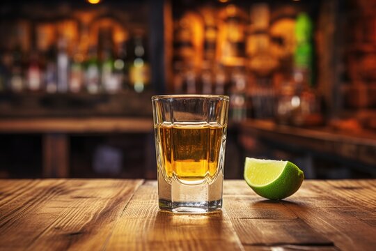 Rustic bar ambiance with tequila shot on wooden table blurred backdrop
