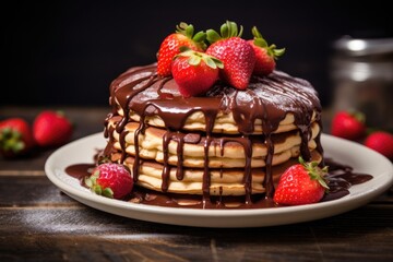 Selective focus on strawberry decorated chocolate nutella filled pancakes