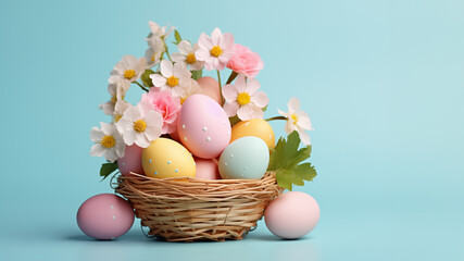 Fototapeta na wymiar Easter basket with painted eggs and spring flowers isolated on blue pastel background. Festive spring banner with copy space.