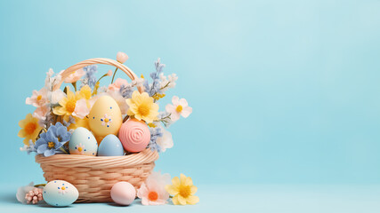 Easter basket with painted eggs and spring flowers isolated on blue pastel background. Festive spring banner with copy space.