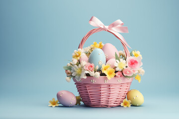 Easter basket with painted eggs and spring flowers isolated on blue pastel background. Festive spring banner with copy space.