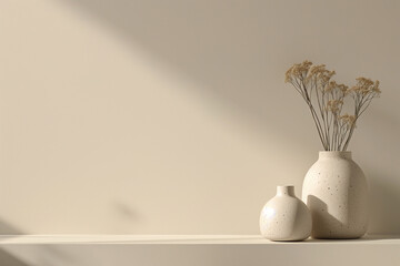 3d rendering vase with plant on beige table with shadow on wall