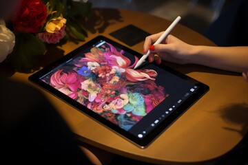 Photo of a person using a digital stylus on a tablet. Generative AI