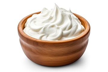 Sour cream in wooden bowl isolated on white