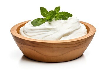 Sour cream yogurt with basil leaves in a white bowl