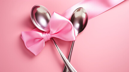 Spoon and fork tied with heart shaped ribbon in pink