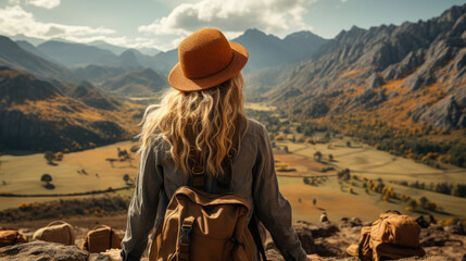 Young woman traveler sitting on tropical island mountain in summer , lifestyle in holiday beach vacation trip - obrazy, fototapety, plakaty