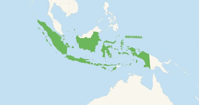World Map Zoom In To Indonesia. Animation in 4K Video. Green Indonesia Territory On Blue and White World Map
