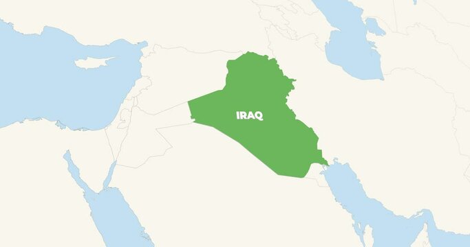 World Map Zoom In To Iraq. Animation in 4K Video. Green Iraq Territory On Blue and White World Map