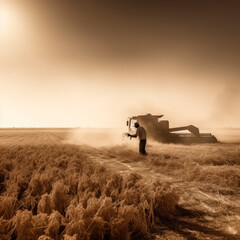 Fototapeta premium A farmer in a hat walks to a combine harvester working in a golden wheat field with high furrows. Agriculture. Growing wholesome organic produce. Harvest of wheat and barley. Rural landscape