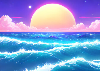 Bright fabulous beach illustration, planets on a pink background, Generative AI