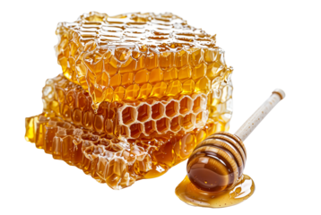 Honey dipper and honeycomb png with delicious honey dripping from it, homemade organic honey with wooden dipper isolated on white or transparent background, hd