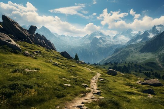 Photo of a serene mountain landscape with a hiking trail. Generative AI