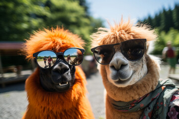 Comical Alpacas close up in a cozy farmyard, wearing sunglasses