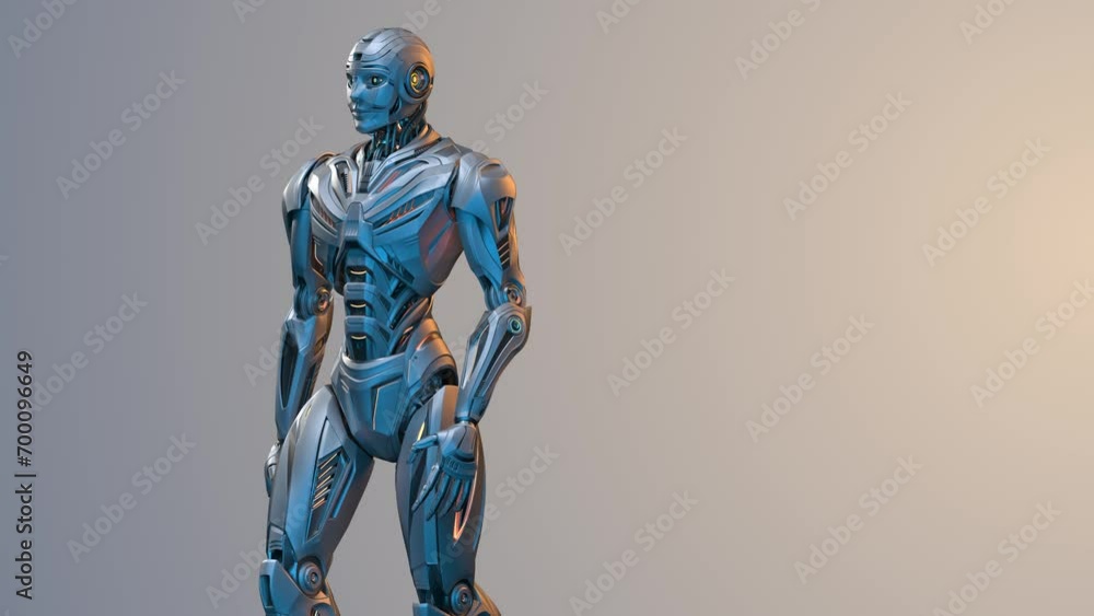 Poster futuristic robot man walk or grey humanoid cyborg steps from right to left side of the screen. upper