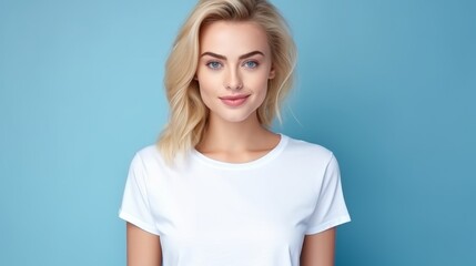 Obraz premium attractive and pretty woman in white mock-up T-Shirt, looking into camera