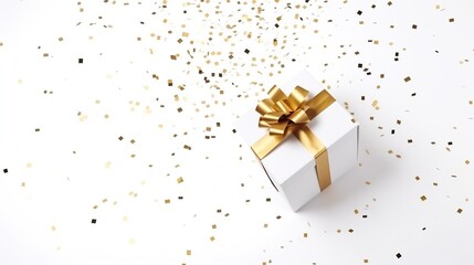 Obraz na płótnie Canvas free photos white gift box decoration Happy New Year and Merry Christmas. with gold ribbon and gold sequin confetti on white background. Used for templates or backgrounds, banners.
