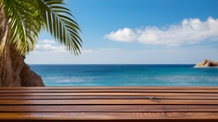 Wooden table on the background of the sea, island and the blue sky. High quality photo	, generative ai
