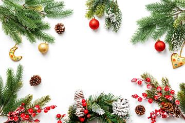 Branches of Christmas fir tree on white background with festive decoration, top view