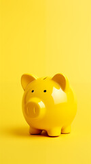 yellow ceramic piggybank on a plain background with copy space for text