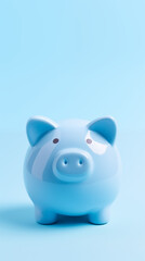 blue ceramic piggybank on a plain background with copy space for text