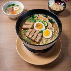 Close-up of steaming, flavorful Ramen soup in a traditional ceramic bowl, adorned with vibrant vegetables and tender noodles. Perfect comfort food captured beautifully.