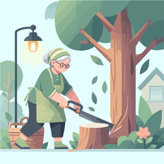 Vector grandmother is cutting down a tree