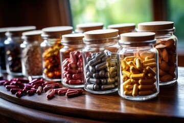 Various types of herbal medicine capsules, natural photographs