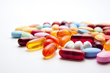 Obraz na płótnie Canvas Vitamins in different colored bottles, white background