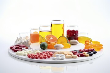 Vitamins in different colored bottles, white background