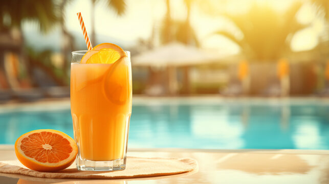 Fresh orange juice drink on swimming pool in blurred