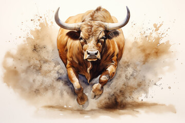 highland cow with horns running. Bullfighting in arena watercolor illustration - obrazy, fototapety, plakaty