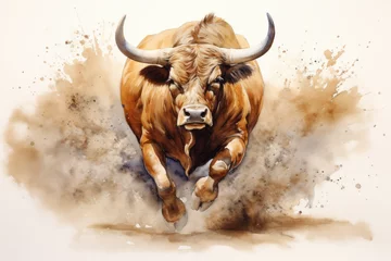 Gordijnen highland cow with horns running. Bullfighting in arena watercolor illustration © VIRTUALISTIK