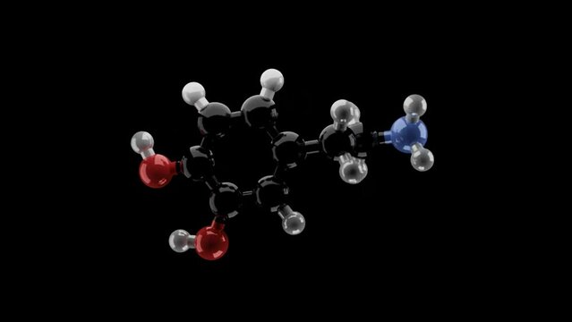 Dopamine Molecule 3D structure spinning black background, Neurotransmitter ADHD attention deficit hyperactivity disorder