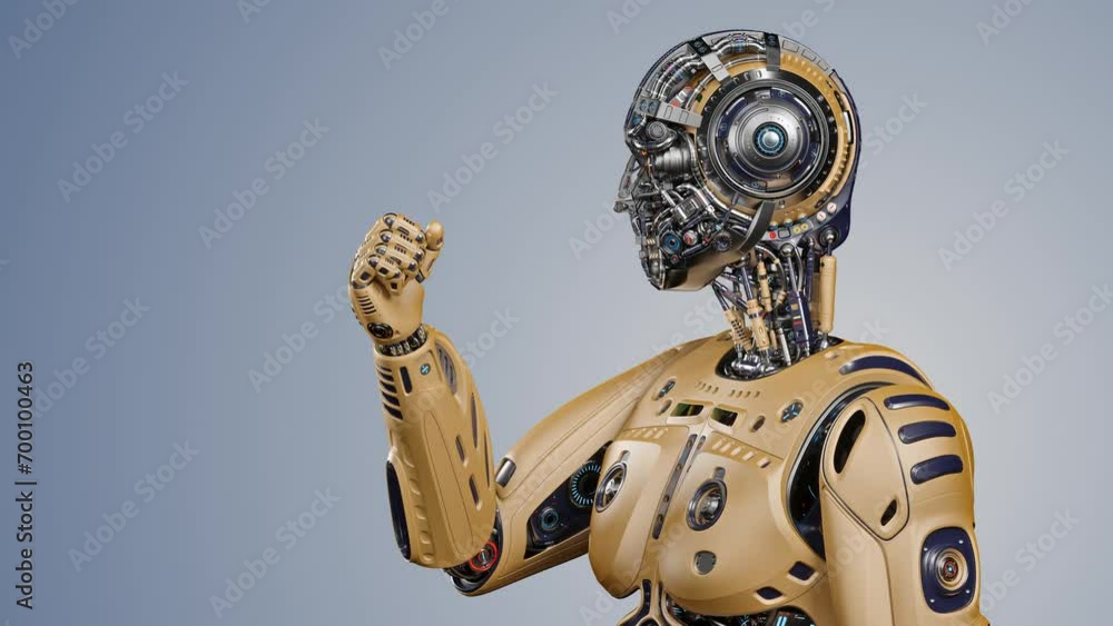 Poster very detailed humanoid cyborg or futuristic robot man looking at his arm. 3d rendering animation of 
