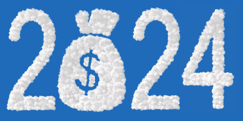 New Year2024. Clouds in shape of the letter 2024. Zero in the form of a bag of money.