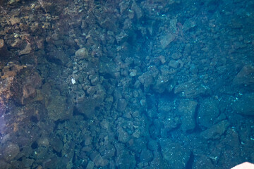 Blind white crabs in the inner pool of the cave of Los Jameos del Agua. Light at the end of the cave. Lanzarote, Canary Islands, Spain.
