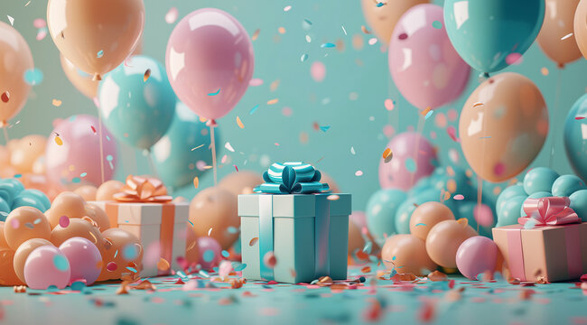 confetti of balloons, gifts and wrapping paper at the party gift box