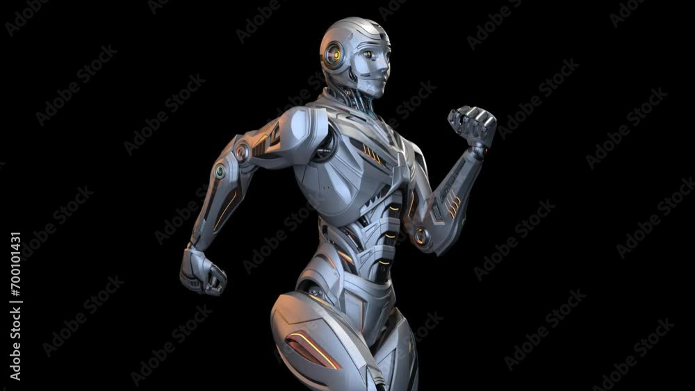 Poster futuristic robot man run cycle or humanoid cyborg running in loop. 3d rendering animation of the upp