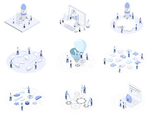 isometric illustration set of business people and cloud network and gear and rocket