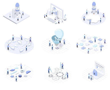 isometric illustration set of business people and cloud network and gear and rocket