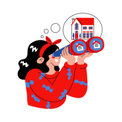 The girl looks through binoculars. Search for a profitable protection or rental of a house. Real estate investments. Image for rental business. Vector illustration isolated on a transparent background
