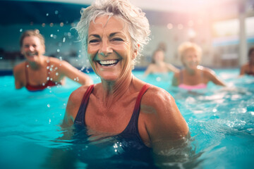 older woman enjoying pool classes - obrazy, fototapety, plakaty