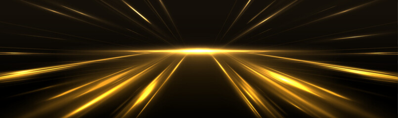 Fototapeta na wymiar High-speed neon light lines of yellow color on a black background. Incredible speed on the expressway. Laser beams luminous abstract sparkling isolated on a transparent background. 